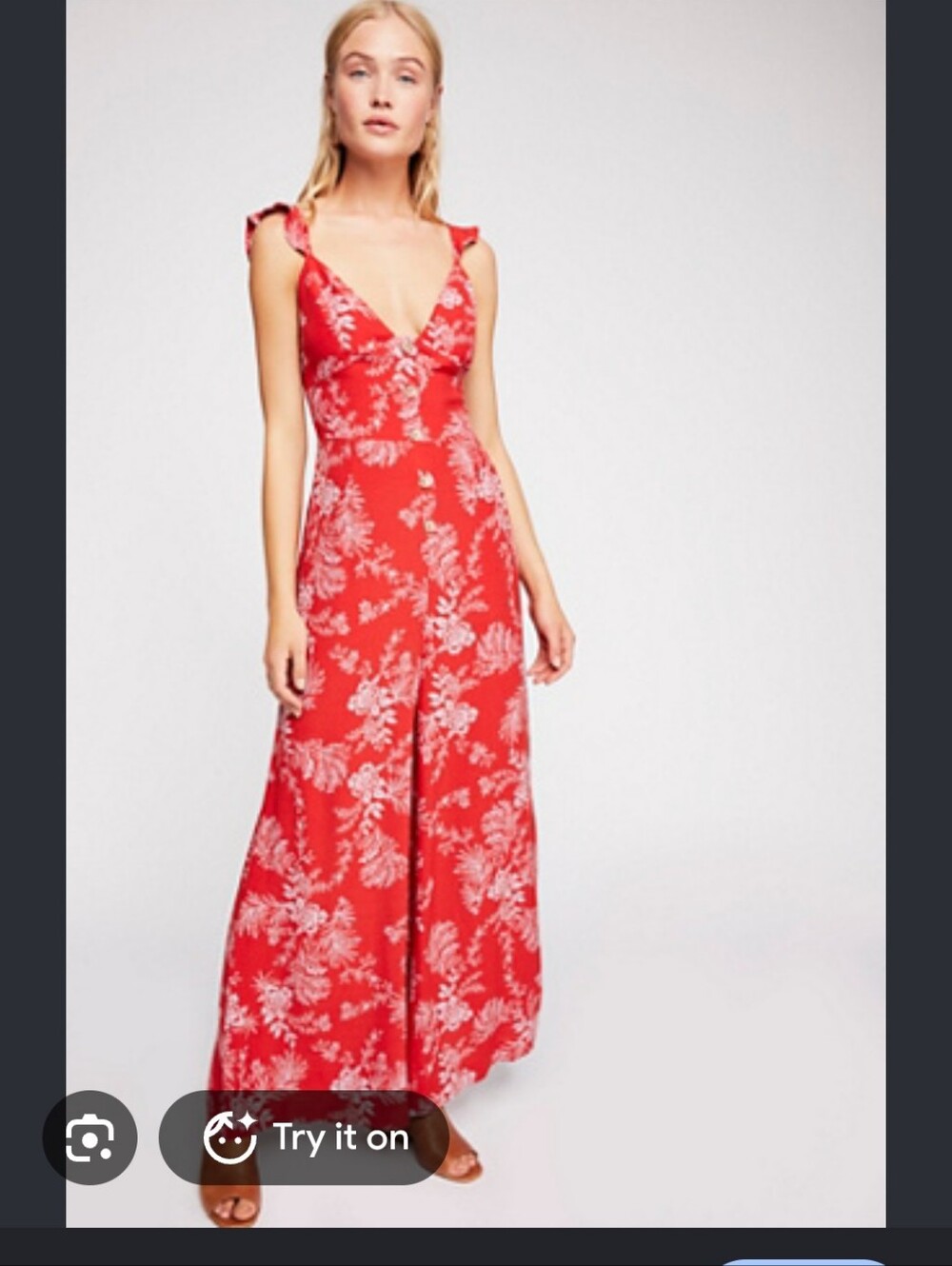 Free People Red Floral Romper Size 4 Button-Front Maxi Dress
